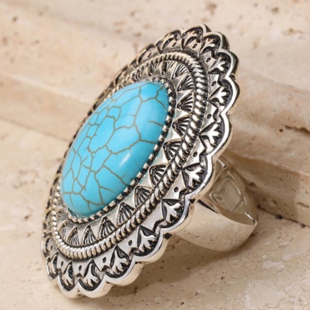 Boho Mandala Flower Turquoise Ring - Picture 6 of 7